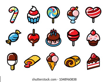 Set of colorful sweets in flat linear style. Various types of sweets and treats. Vector illustration.
