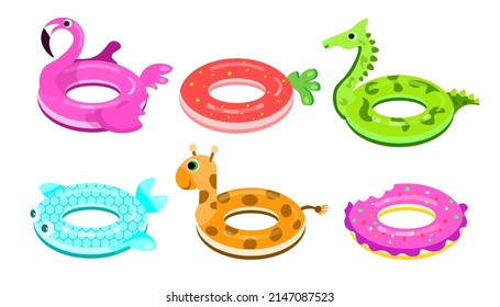 Set of colorful swim rings in cartoon style. Vector illustration of lifebuoys, pool rubber toys and sea with design flamingo, strawberry, dragon, fish, giraffe and donut on white background.