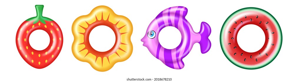 Set of colorful swim rings, inflatable rubber lifebuoys circles for kids water vacation: strawberry, fish, watermelon isolated on white background. 3d vector illustration