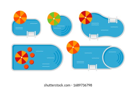 Set of colorful swimming pools isolated on white. Vector illustration