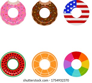 Set of colorful swimming rings. Doughnut, american flag, watermelon, orange and rainbow inflatable rubber rings. Floating summer toys.