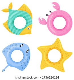 Set of colorful swimming rings. Flat cartoon icon. Ring float, inflatable toys fish, stingray, starfish, crab.