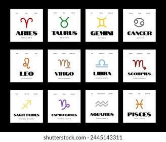 Set of colorful symbol zodiac posters with horoscope name, planet, date, element. Modern astrology banner, template collection for social media post. Abstract poster. Vector.