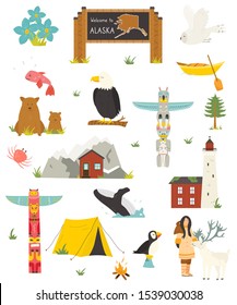 Set of colorful symbols, landmarks, animals of Alaska. Perfect for advertising, tourist guides travel blogs books, atlases