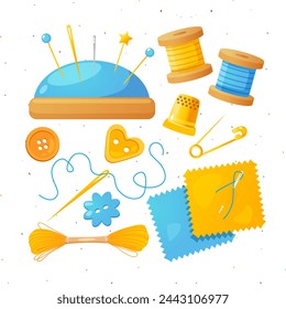 Set of colorful symbols with tools for sewing.
