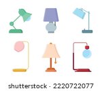Set of colorful table lamps in cartoon style. Vector illustration of various lamps for home interiors on white background.