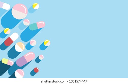 Set of Colorful Tablets and Capsules isolated on blue background - pills, Painkiller tablet, vitamin, pharmaceutical antibiotics. Healthcare concept. Vector illustration. Top view, Copy space