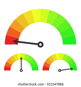Set of colorful tachometers in modern flat style. High quality vector illustration on a white background. 