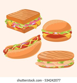 Set of colorful takeaway fast food. Vector illustration of variety burgers, hot dog and sandwiches. 