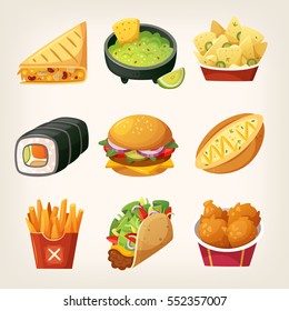 Set of colorful takeaway food to find at street food trucks and in chain fastfood cafes.
Icons for menu logos and labels.

