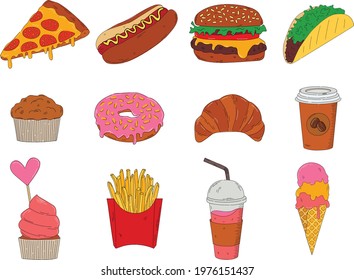 Set of colorful takeaway food. Hand-drawn vector illustration - Fast food (hot dog, hamburger, pizza,  donut, tacos, ice cream, croissant, coffee, cupcake). Design elements in sketch style. 