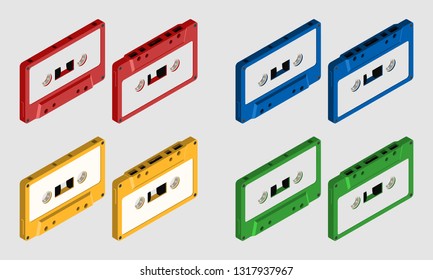 Set of Colorful Tape Cassettes in Isometric View Isolated on White background - Vector Illustration