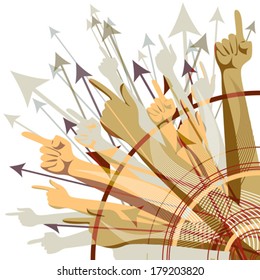 Set of colorful target arrows and hands, pointing forefingers on white background.