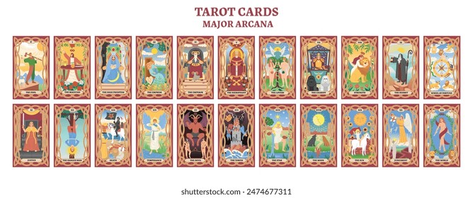 Set of colorful tarot cards with frames in Celtic style. Tarot cards major arcana. flat style.
