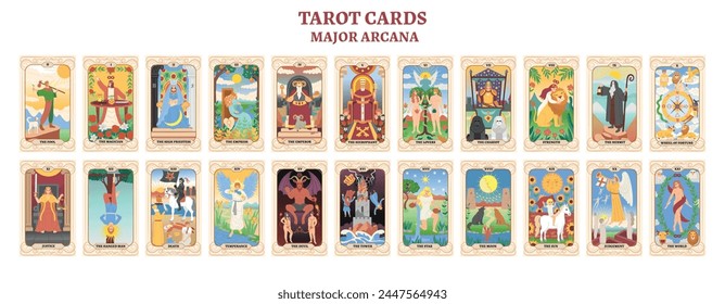 Set of colorful tarot cards. Tarot cards major arcana. flat style.
