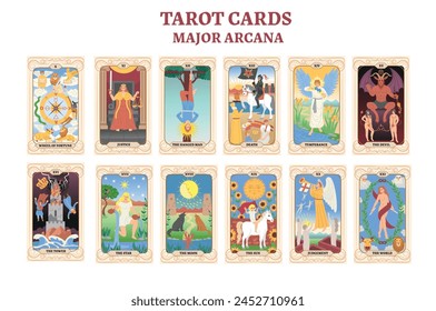 Juego de cartas de tarot de colores. Tarot cartas arcana mayor. estilo plano.
