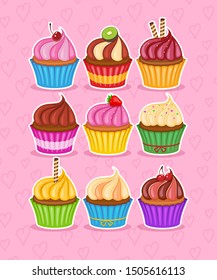 Set of colorful tasty cupcakes on pink background 