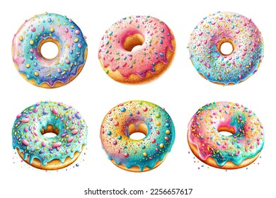 Set von bunten, schmackhaften Donuts mit Sprinklen im Aquarell-Stil. Handgezeichnete Donuts einzeln auf weißem Hintergrund. Vektorgrafik