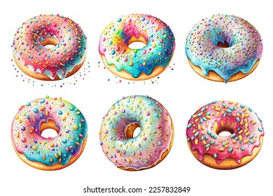 Set of colorful tasty donuts with sprinkles in watercolor style. Hand-drawn donuts isolated on white background. Vector illustration