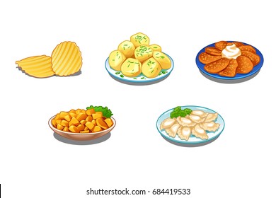 Set of colorful tasty healthy dishes, cooked food from potatoes. Vectorillustration Isolated on white background.
