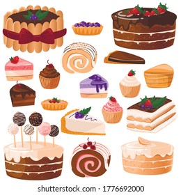 Set of colorful tasty isolated cakes. Vector
