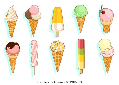 Set of colorful tasty isolated ice cream at a white background. Vector Illustration.