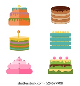 Set of colorful tasty pieces cakes, pies, and other bakery desserts icons. Chocolate cakes and sweet dessert. Birthday bakery delicious and tasty decorations cakes icons. Flat cakes.