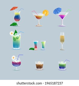 Set of colorful tasty summer cocktails in bar or restaurant glassware vector cartoon illustration. Refreshment beverages with ice cubes, decorated with flower straws, cocktail umbrellas, and fruits.