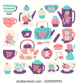 set of colorful tea set illustration