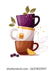 Set of colorful tea mugs with leaves, lemon and blueberries isolated on a white background.