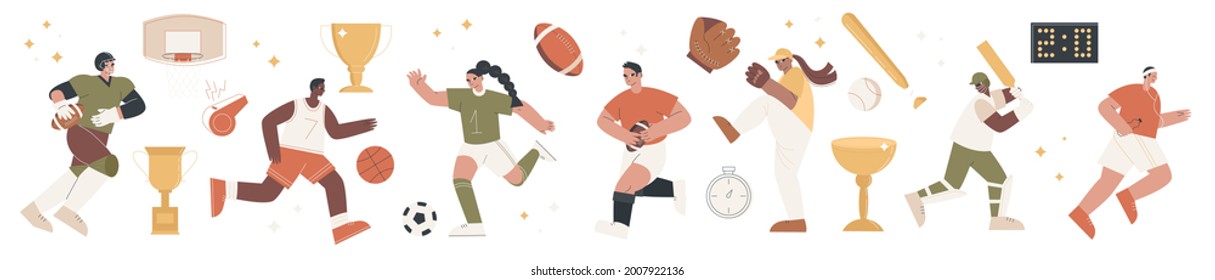 Set of colorful team sport cartoon characters of different nationality, diverse professional athletes with cups and trophies, winners healthy lifestyle. Vector illustrations set on white background