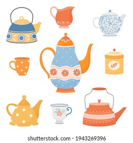 set of colorful teapots and cups In simple cartoon style.