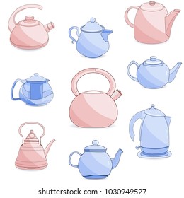 Set of colorful teapots on a white isolated background