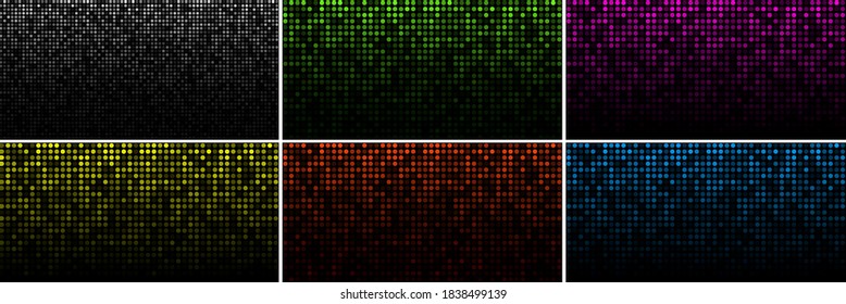 Set of colorful technology horizontal luminous backgrounds. Gradient grey digital glow pixel circle texture pattern. Vector illustration. 