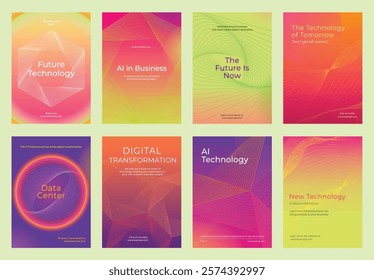 Set of colorful technology posters featuring AI, digital transformation, and future. Vibrant designs highlight innovation and technology trends. Digital transformation, colorful poster template vector