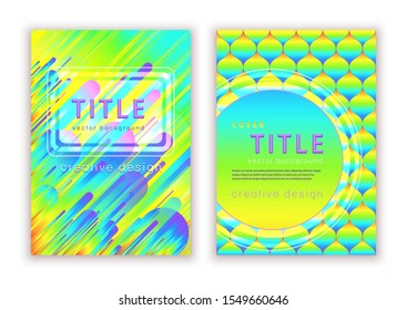 Set colorful template for cover design, vector abstract background. Multicolor rainbow very bright modern pattern in prism gradient shapes composition for creating flyers, banners, posters, card