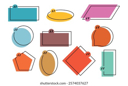 Set of colorful templates for quotes in cartoon style.Vector illustration of speech bubbles of different geometric shapes:rectangles,ovals,circles,square,pentagon,rhombus isolated on white background.