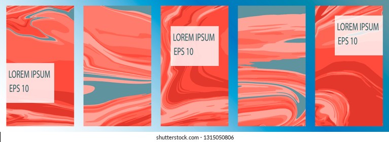 Set of colorful templates for stories, booklets, sites, banners. Liquid paint coral and blue color. Ratio is 16 to 9.