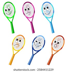 Set of colorful tennis rackets with different emotions on a white background. Popular sports. Cartoon vector illustration for stickers, print, book.