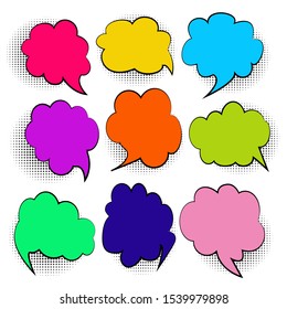 Set of colorful Text balloons with different shapes with black halftone shadows. vintage design, pop art style - vector illustration
