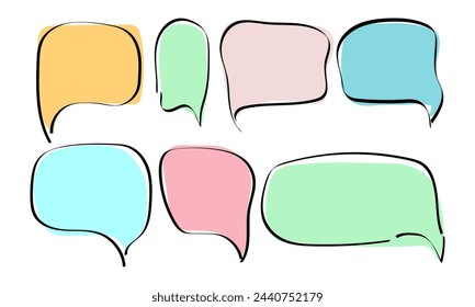 Un conjunto de marcos de texto coloridos, con contorno negro , dibujado a mano. Comillas en blanco, una colección de coloridas plantillas de marco de estilo doodle. Pegatinas de colores