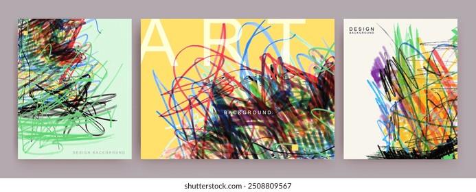 Set of colorful texture paint background. Collection of canvas, hand drawing pencil, chaotic colored scribbles. Vector creative abstract Art concrete wallpaper. Template colored pencil style, ink.