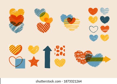 Set of colorful textured hearts. Art compositions with hearts for posters, cards, Valentine's day design. Symbol of love.