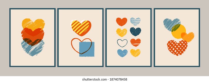 Set of colorful textured hearts,. Art compositions with hearts for posters, cards, Valentine's day design. Symbol of love.