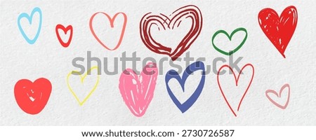 Set of colorful textured hearts in chalk and ink style. Cute naive illustrations created for fun printing, kids designs, decorations, and joyful creative projects.