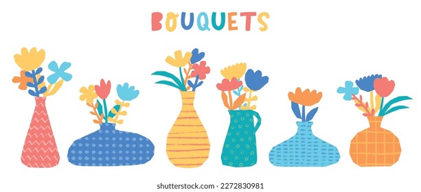 set of colorful textured vases with bouquets of flowers isolated on white background. Good for greeting cards, posters, prints, stickers, sublimation, etc. EPS 10