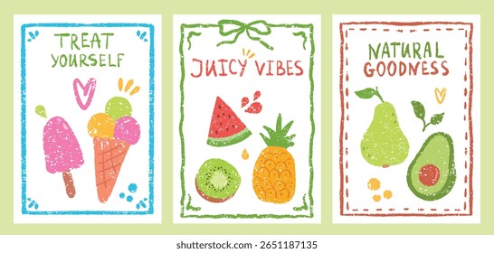 Set of colorful textured vector posters featuring summer fruits and ice cream with motivational lettering. Includes kiwi, pineapple, watermelon, pear, avocado, and inspirational phrases