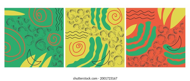 Set of colorful textures for decoration and printing. Set of patterns with colored spots and lines. Doodle illustrations. Set of posters. Abstract art, contemporary art.