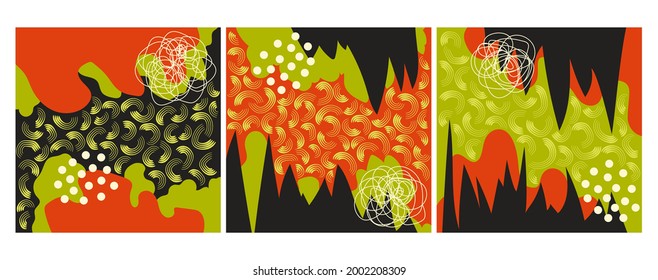 Conjunto de texturas coloridas para la decoración y la impresión. Conjunto de patrones con manchas y líneas pastel. Ilustraciones del doodle. Juego de afiches. Arte abstracto, arte contemporáneo.