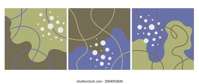 Set of colorful textures for decoration and printing. Set of patterns with spots and lines. Doodle illustrations. Set of posters. Abstract art, contemporary art.